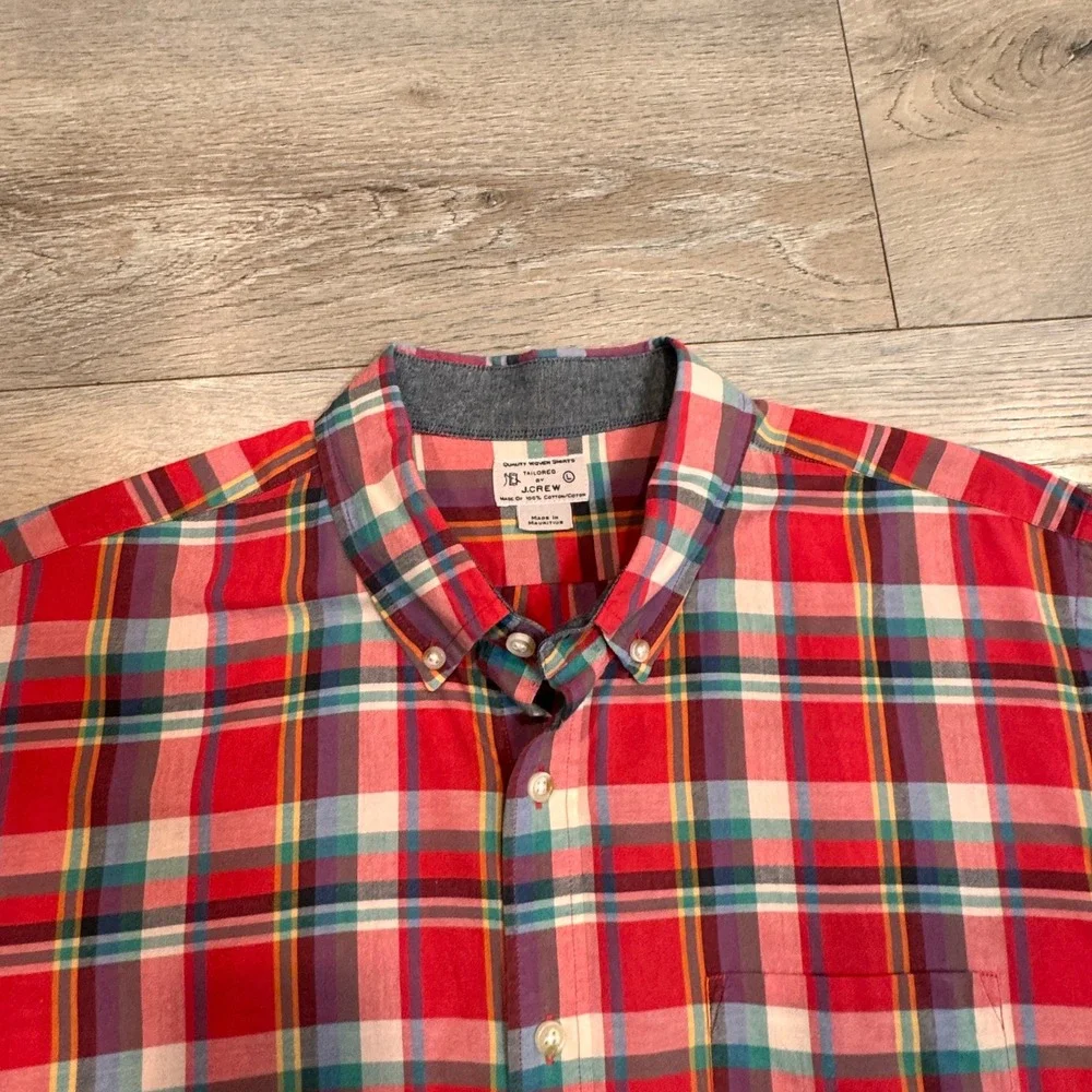 J.Crew Mens Red Plaid Short Sleeve Button Down Shirt‎ Size Large L